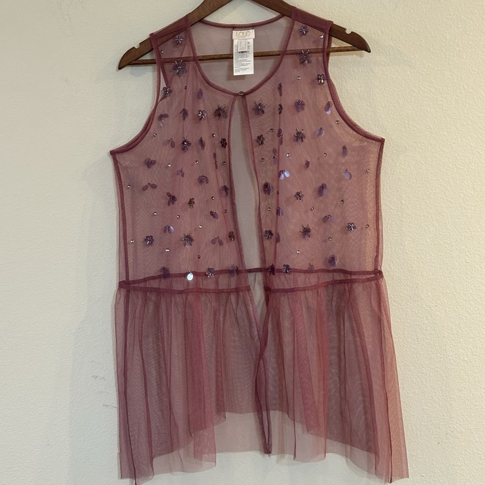 LOGO Lavish Lori Goldstein Mauve Sheer Mesh Embroidered Sequin Open Cardigan Top
